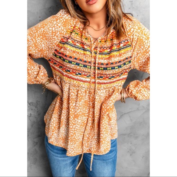 Boho Leopard Print Long Puff Sleeve Blouse - Picture 2 of 6